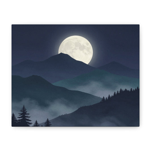 Moonlit Mountain Canvas Print — Full Moon Night Landscape Wall Art